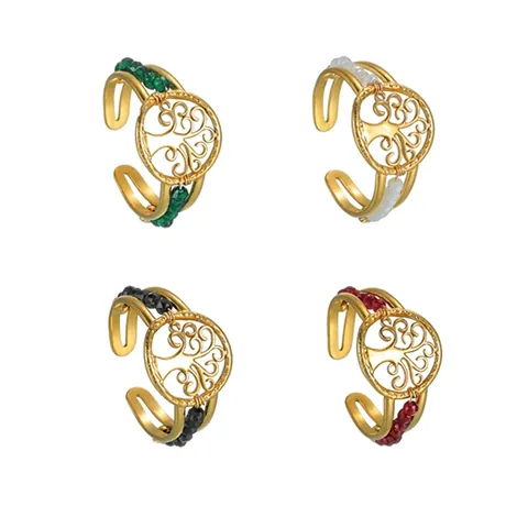 Anillo Abierto Árbol de la Vida de Acero Inoxidable Vintage para Mujer Cuentas de Colores Anillo Calado Joyería Ajustable