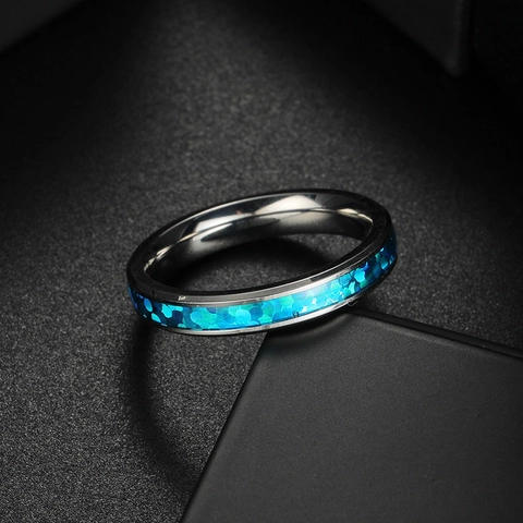 Fashion Stainless Steel Ring For Men Women Inlaid Blue Crushed Opal Band Ring Polished Minimalist Jewelry Gift For Unisex