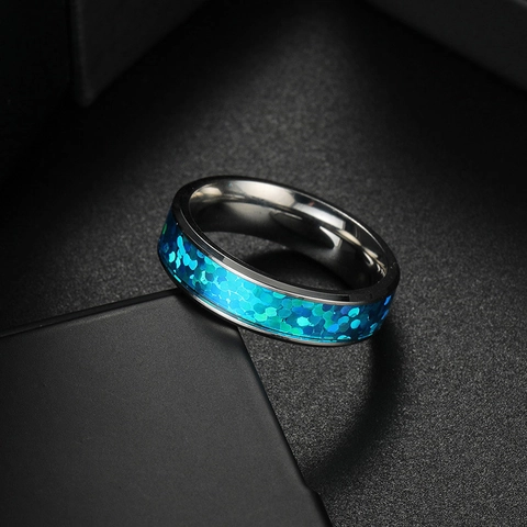 Fashion Stainless Steel Ring For Men Women Inlaid Blue Crushed Opal Band Ring Polished Minimalist Jewelry Gift For Unisex