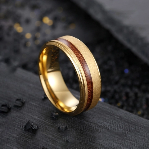 Matte Brushed Stainless Steel Ring With Wood Grain Inlay Men Vintage Band Ring Durable Unisex Jewelry Accessory