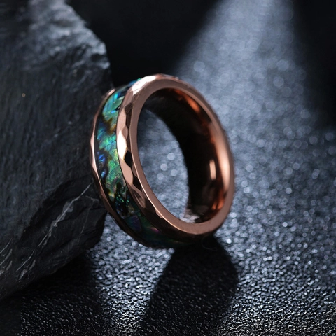 Tungsten Carbide Band Ring With Abalone Shell Inlay Hammered Faceted Cut Fashion Jewelry For Men Women Trendy Ring Gift