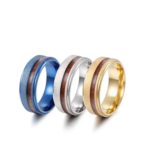 Matte Brushed Stainless Steel Ring With Wood Grain Inlay Men Vintage Band Ring Durable Unisex Jewelry Accessory