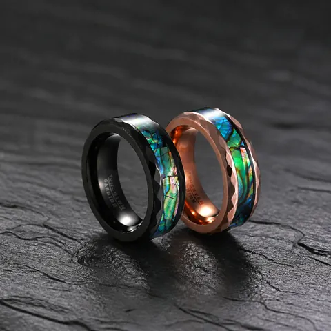 Tungsten Carbide Band Ring With Abalone Shell Inlay Hammered Faceted Cut Fashion Jewelry For Men Women Trendy Ring Gift