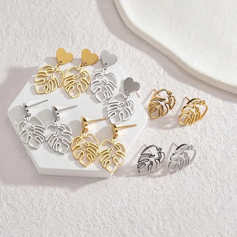 Monstera Blatt Ohrringe Aus Edelstahl Hohl Tropfen Herz Stecker Schmuck Für Damen Mode Minimalistisches Geschenk