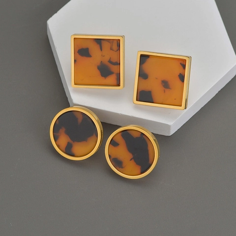 Vintage Leopardenmuster Edelstahl Ohrringe Geometrisch Quadratisch Rund Schildpatt Harz Inlay Stecker Schmuck Für Damen