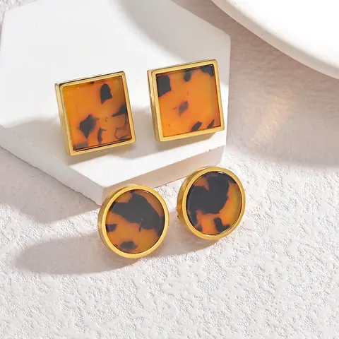 Vintage Leopardenmuster Edelstahl Ohrringe Geometrisch Quadratisch Rund Schildpatt Harz Inlay Stecker Schmuck Für Damen