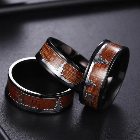Vintage Edelstahl Ring Für Herren Damen Schwarzes Band Mit Holzeinlage Wald Rentier Muster Weihnachten Mode Schmuck Geschenk
