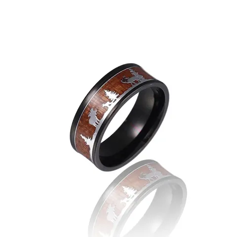 Vintage Edelstahl Ring Für Herren Damen Schwarzes Band Mit Holzeinlage Wald Rentier Muster Weihnachten Mode Schmuck Geschenk