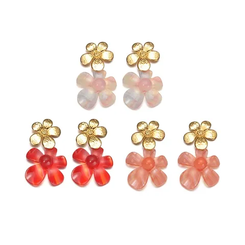 Luxe Roestvrijstalen Dubbele Bloem Oorbellen Met Hars Bloemblaadjes Gehamerde Textuur Florale Oorsieraden Voor Vrouwen Dagelijks Feest Elegant Cadeau