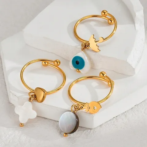 Minimalist Stainless Steel Gold Dangle Ring Personalized Heart Clover Charm Adjustable Open Finger Ring Fashion Jewelry For Women