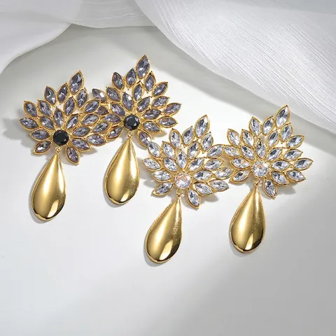Elegante Edelstahl Strass Blume Wassertropfen Ohrhänger Luxus 18K Vergoldet Vintage Schmuck Für Damen Geschenk