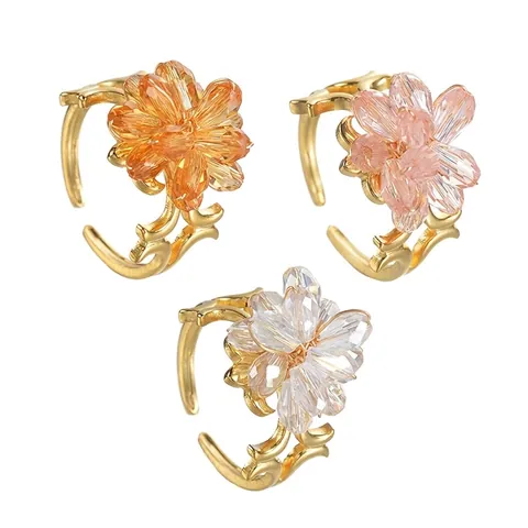 Bague Ouverte Minimaliste en Acier Inoxydable Fleur Perlée Bague Ajustable avec Strass Floraux pour Femme Accessoire Bijoux Mode