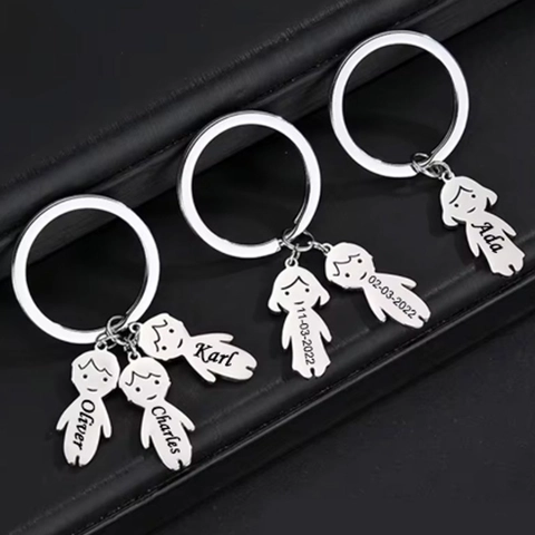 Portachiavi Famiglia Con Ciondolo Cartone Animato Ragazzo Ragazza in Acciaio Inossidabile Oro Argento Placcato Regalo Fai Da Te