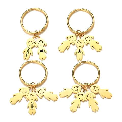 Portachiavi Famiglia Con Ciondolo Cartone Animato Ragazzo Ragazza in Acciaio Inossidabile Oro Argento Placcato Regalo Fai Da Te