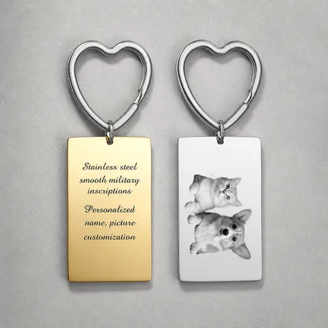 Minimalist 304 Stainless Steel Heart Keyring Rectangular Tag Polished Finish Customizable Keychain For Men Women Gift