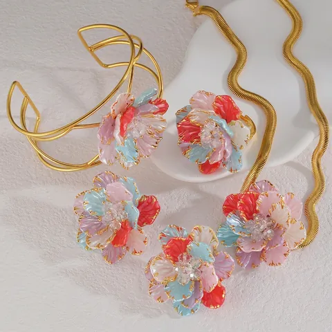 Elegante Roestvrijstalen Kleurrijke Bloemen Sieradenset Strass Emaille Ketting Oorbellen Armband Open Ring Dames Cadeau