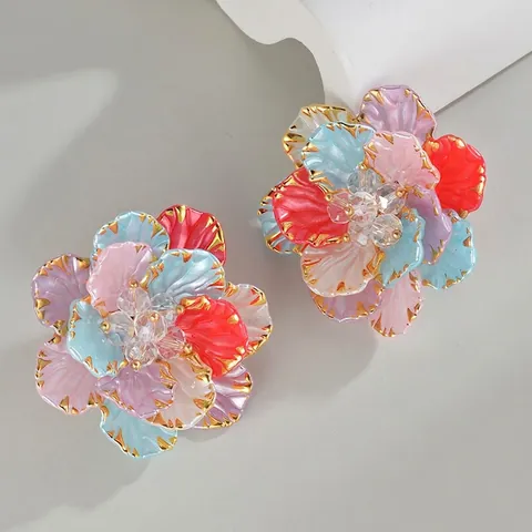 Women Colorful Stainless Steel Flower Stud Earrings Layered Floral Rhinestone Small Crowd Design Elegant Jewelry Gift