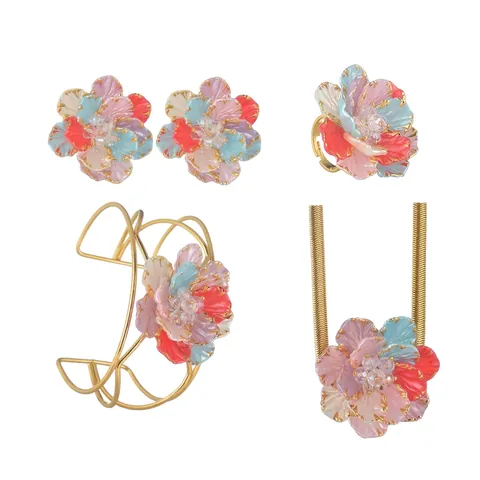 Elegante Roestvrijstalen Kleurrijke Bloemen Sieradenset Strass Emaille Ketting Oorbellen Armband Open Ring Dames Cadeau