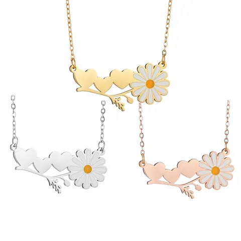 Collar Con Colgante De Corazón Y Margarita De Acero Inoxidable Para Mujer Joyería Romántica De Esmalte Con Flores Regalo