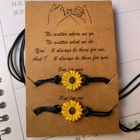 Handmade Woven Friendship Bracelet Set Sunflower Heart Infinity Alloy Charm Wax Cord Adjustable Couple Jewelry On Card
