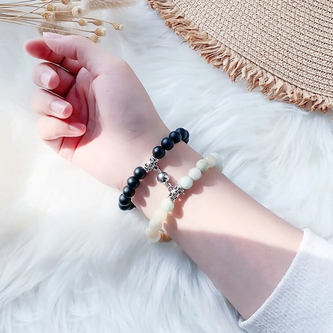 Magnetic Attraction Stone Beaded Bracelet For Couples Besties Minimalist Natural Stone Alloy Charm Matching Jewelry Gift