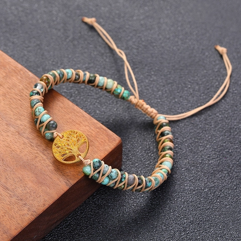 Lebensbaum Naturstein Geflochtenes Armband Zweilagig Perlen Verstellbar Boho Yoga Schmuck Geschenk Für Damen Herren