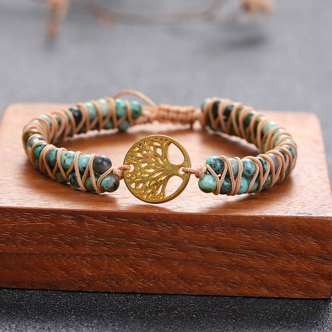 Lebensbaum Naturstein Geflochtenes Armband Zweilagig Perlen Verstellbar Boho Yoga Schmuck Geschenk Für Damen Herren