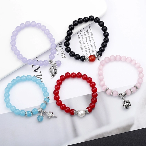 Handgefertigte Katzenaugenstein Perlenarmband Mit Legierung Blatt Anhänger Retro Frische Charm Armband Schmuck Für Damen Student Geschenk