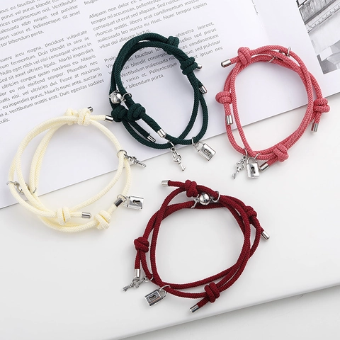 Magnetische Legering Sleutel en Slot Koppel Geweven Touw Armband Verstelbaar Minimalistisch Sieraden Valentijnsdag Cadeau