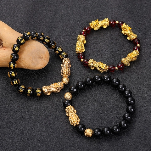 Vintage Gold Plated Pixiu Bracelet For Wealth Ethnic Style Glass Bead Bracelet With Six-Syllable Mantra Buddhist Prayer Hand String Lucky Jewelry Gift