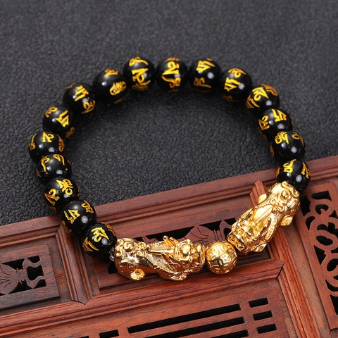 Vintage Gold Plated Pixiu Bracelet For Wealth Ethnic Style Glass Bead Bracelet With Six-Syllable Mantra Buddhist Prayer Hand String Lucky Jewelry Gift