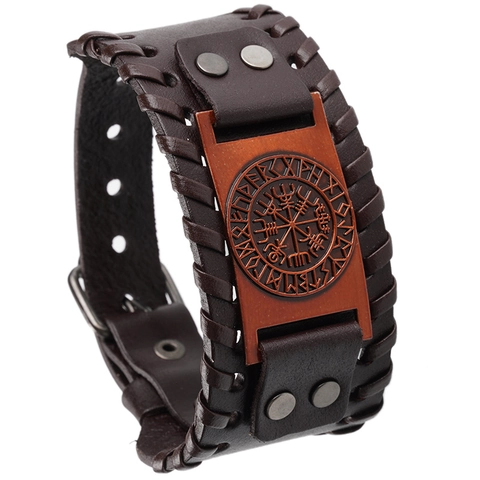 Men Vintage Leather Braided Bracelet Wide Punk Cuff Hand Wrap Cowhide Alloy Metal Compass Eagle Motif Adjustable Jewelry Gift