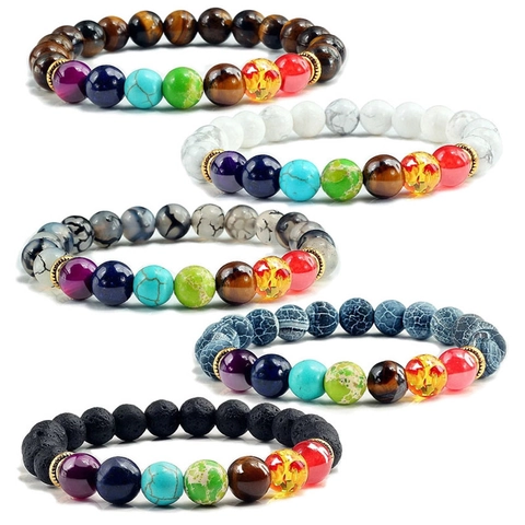 Braccialetto 7 Chakra in Pietra Lavica per Uomo Donna Yoga Meditazione Perline Naturali Occhio di Tigre Ambra Elastico Gioielli