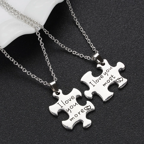 Legierung Puzzle Stück Paar Halskette Silber Farbe Graviert I Love You More Und Most Anhänger Halskette Für Damen Herren Schmuck