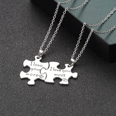 Legierung Puzzle Stück Paar Halskette Silber Farbe Graviert I Love You More Und Most Anhänger Halskette Für Damen Herren Schmuck
