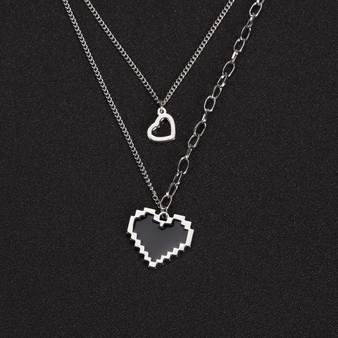 Collana a Doppio Strato in Lega d'Argento Hip Hop Con Ciondolo a Cuore in Smalto Nero Pixel per Gioielli Unisex
