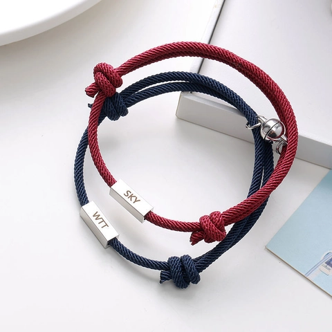 Stainless Steel Magnetic Couple Bracelet Braided Rope Hand Chain With Engraved Metal Plate Adjustable Jewelry Romantic Gift