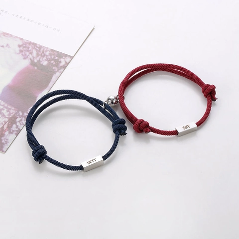 Stainless Steel Magnetic Couple Bracelet Braided Rope Hand Chain With Engraved Metal Plate Adjustable Jewelry Romantic Gift