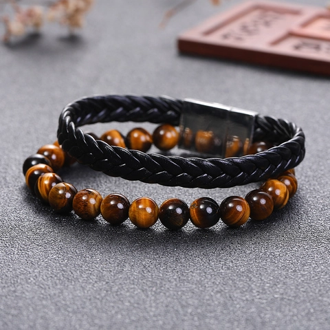 Retro Men Natural Tiger Eye Stone Beads Double Layer Braided Artificial Leather Bracelet With Alloy Magnetic Buckle