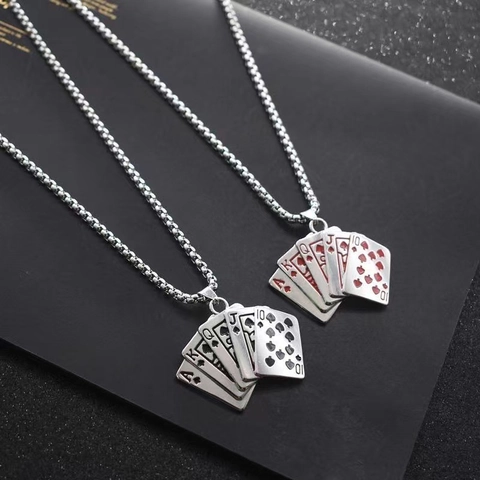 Hip Hop Alloy Poker Card Pendant Necklace For Men Women Enamel Royal Flush Spades Hearts Jewelry Streetwear Daily Gift