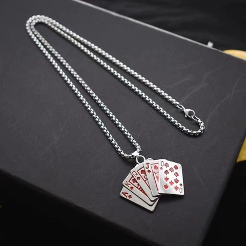 Hip Hop Alloy Poker Card Pendant Necklace For Men Women Enamel Royal Flush Spades Hearts Jewelry Streetwear Daily Gift