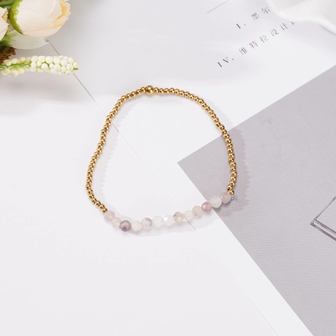 Pulsera de Cuentas Minimalista de Acero Inoxidable para Mujeres Hombres Piedra Natural Cuentas Doradas Joyería Elástica Hecha a Mano