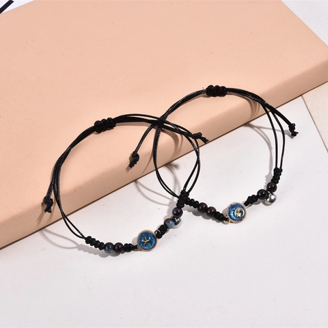 Braccialetti Magnetici di Coppia Fatti a Mano per Migliori Amici Ciondolo Stella Luna Cordino Cerato Regolabile Gioielli in Lega Ceramica