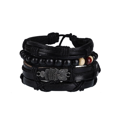 Vintage Owl Leather Bracelet For Men Hand-Woven Multi-Layer Braided Cord Wood Bead Wrap Adjustable Cuff Fashion Jewelry