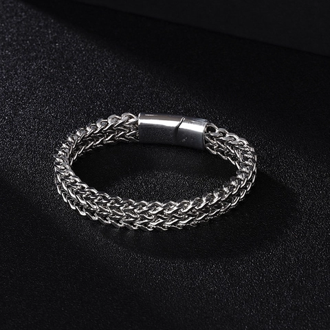 Bracciale a Catena di Grano a Doppia Fila in Acciaio Inossidabile Con Chiusura Magnetica Bracciale a Maglie Intrecciate Argento