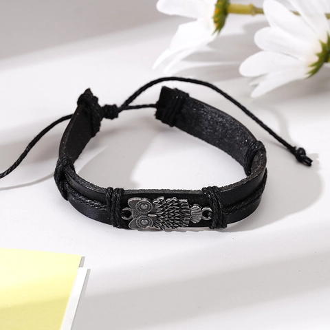 Vintage Owl Leather Bracelet For Men Hand-Woven Multi-Layer Braided Cord Wood Bead Wrap Adjustable Cuff Fashion Jewelry