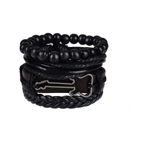 Vintage Men's Hand-woven Cowhide Leather Bracelet Alloy Guitar Musical Instrument Multi-layer Bead Wrap Bracelet Fashion Rock Jewelry