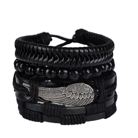 Punk Vintage Bracciale Multistrato in Pelle Intrecciata Set Lega Piuma Ala Charms Perline Regolabile Fatto a Mano Gioielli
