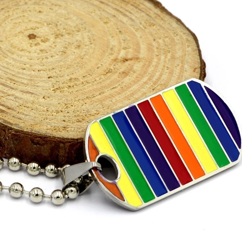 Rainbow Striped Enamel Stainless Steel Dog Tag Pendant Necklace For Men Women Pride LGBTQ Jewelry With Ball Chain