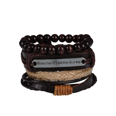 Vintage Handmade Multi-Layer Woven Leather Bracelet Set For Men Alloy Slogan Tag Wood Beads Hemp Rope Ethnic Style Jewelry